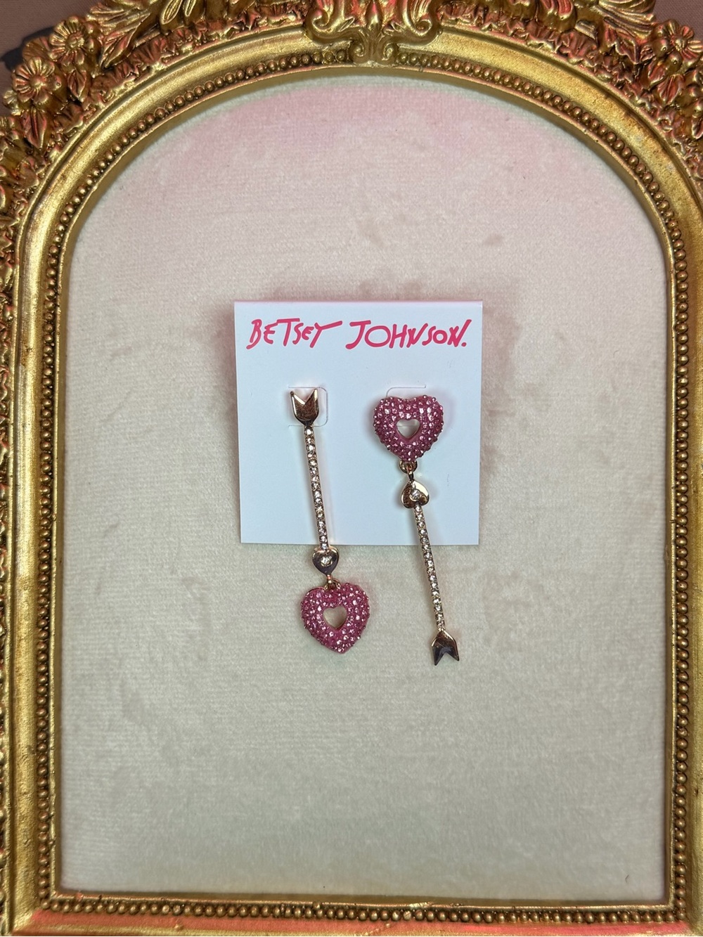 Betsey Johnson Pink Heart Arrow Rhinestone Earrings NWT